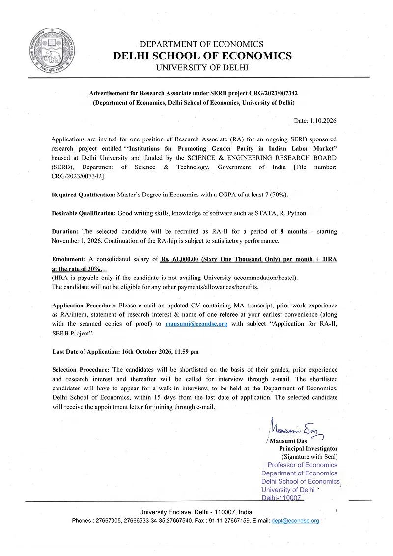 Research Associate (RA-II) Recruitment 2026 – Delhi School of Economics, University of Delhi