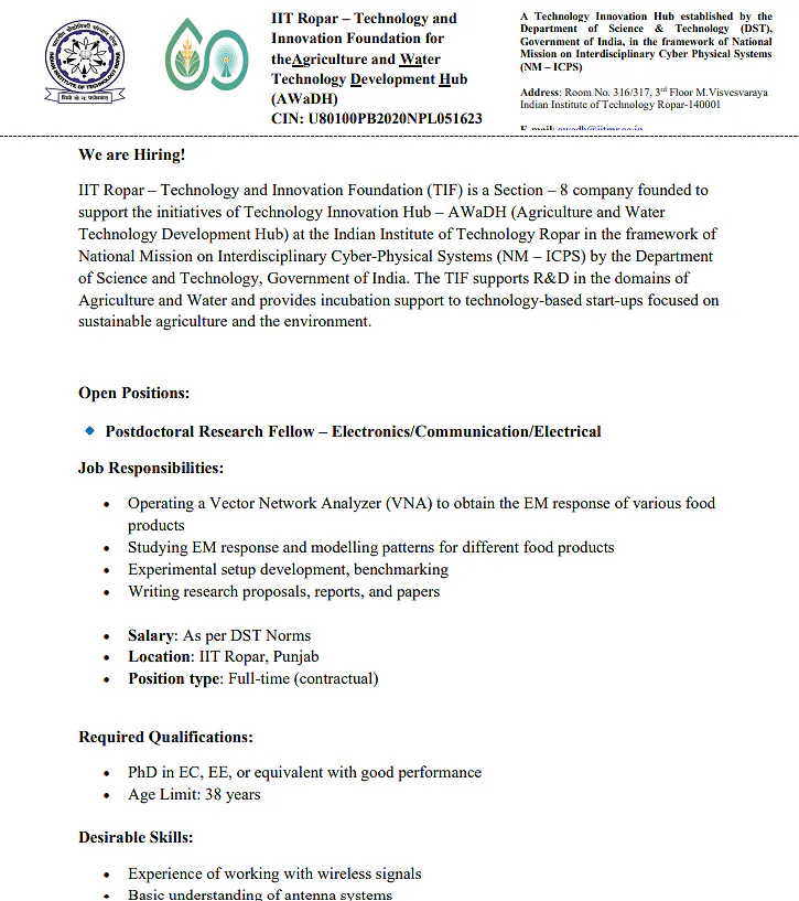 IIT Ropar TIF Recruitment 2026 | Postdoctoral Research Fellow (Electronics/Communication/Electrical)
