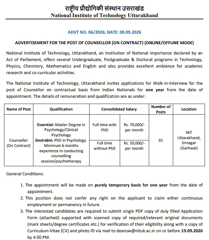 NIT Uttarakhand Counselor Recruitment 2026 – Online/Offline Interview