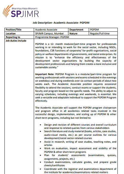 Academic Associate Recruitment 2026 at SPJIMR Mumbai – PGDPM Programme