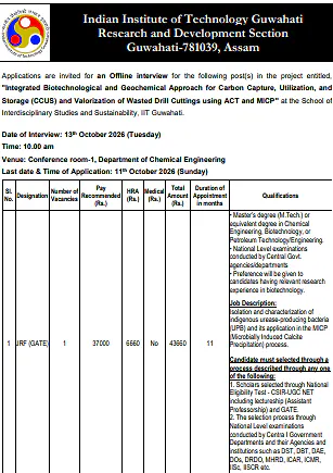 Junior Research Fellow (JRF) Recruitment 2026 at IIT Guwahati – Chemical Engineering