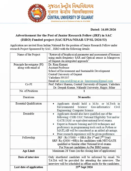 Junior Research Fellow (JRF) Recruitment 2026 at Central University of Gujarat – SAC (ISRO) Funded Remote Sensing Research Project