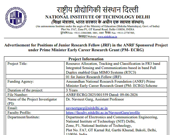 Junior Research Fellow (JRF) Recruitment 2026 at NIT Delhi – ANRF PM-ECRG Project