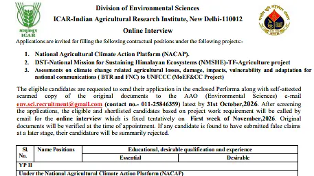 Online Interview Recruitment 2026 – Division of Environmental Sciences, ICAR-IARI, New Delhi