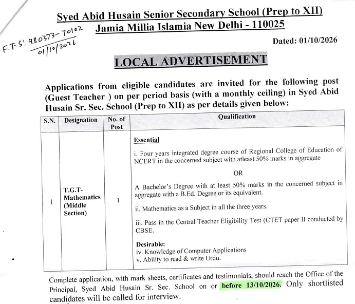 TGT Mathematics (Middle Section) Guest Teacher Recruitment 2026