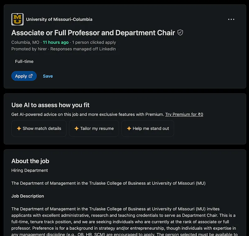 Associate or Full Professor and Department Chair 