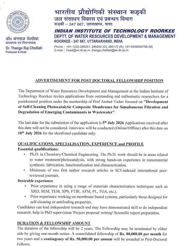  IIT Roorkee Post-Doctoral Fellowship 2026 | Water Treatment & Photocatalytic Membrane Research