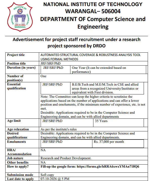 Junior Research Fellow / Senior Research Fellow / PhD Recruitment 2026 at NIT Warangal – DRDO Sponsored Project
