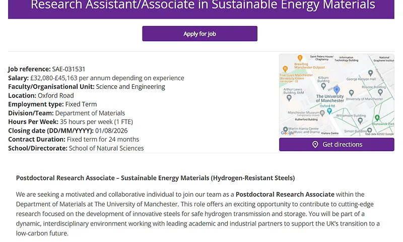 University of Manchester Recruitment 2026: Applications Invited for Research Assistant/Associate in Sustainable Energy Materials