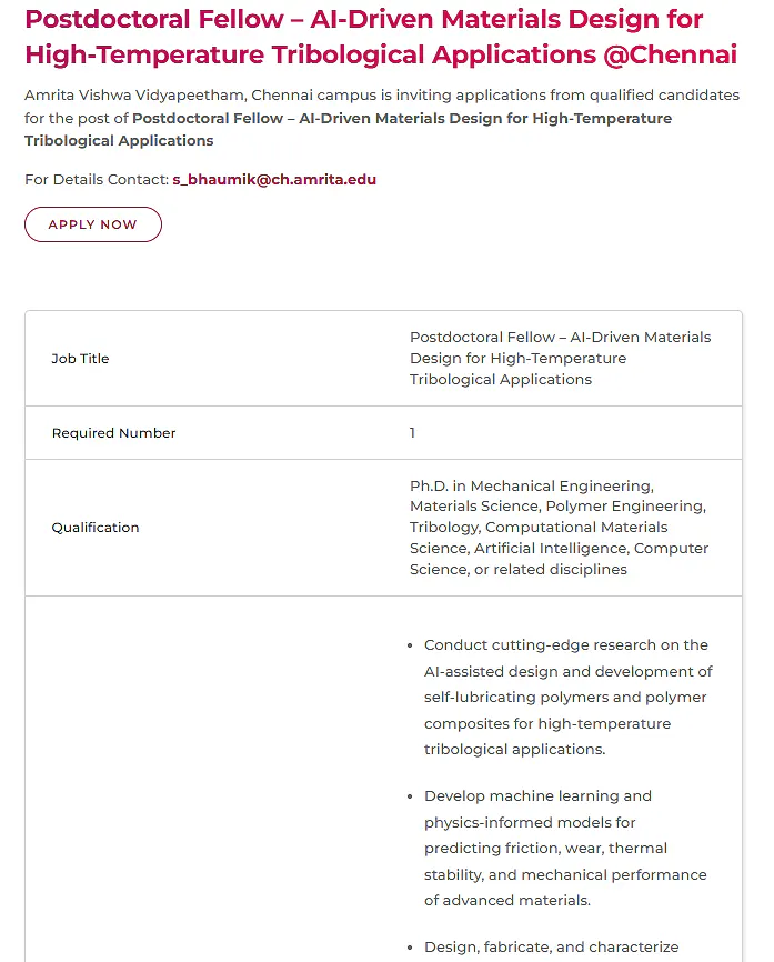 Amrita Vishwa Vidyapeetham Recruitment: Postdoctoral Fellow in AI-Driven Materials Design