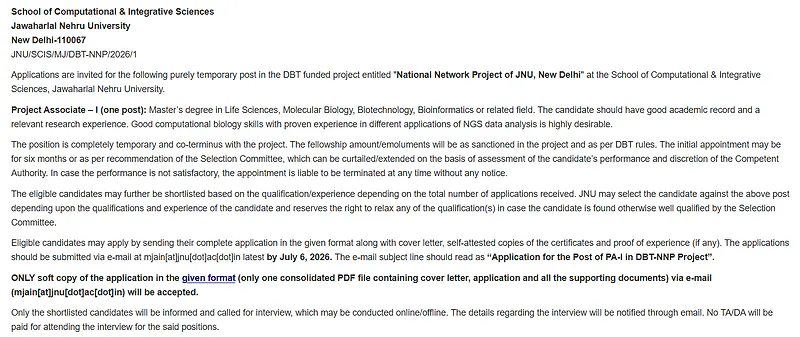 JNU Recruitment 2026 | Project Associate-I Position Under DBT-Funded National Network Project