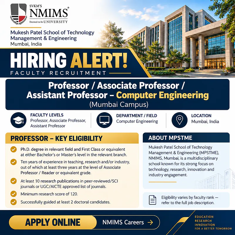 Faculty Recruitment 2026 – Professor / Associate Professor / Assistant Professor in Computer Engineering – NMIMS, Mumbai