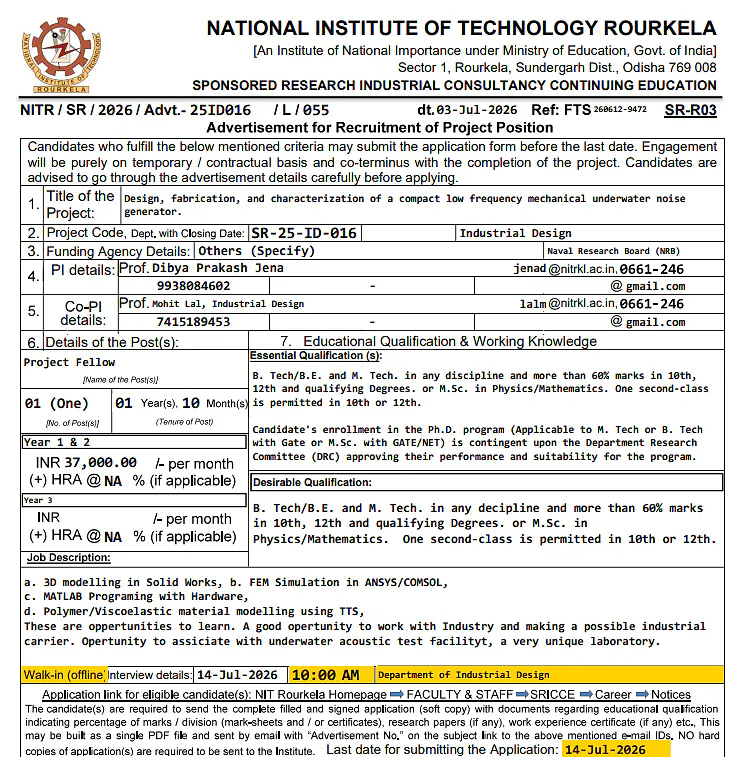 NIT Rourkela Recruitment 2026: Project Fellow | NRB-Funded Research Project 