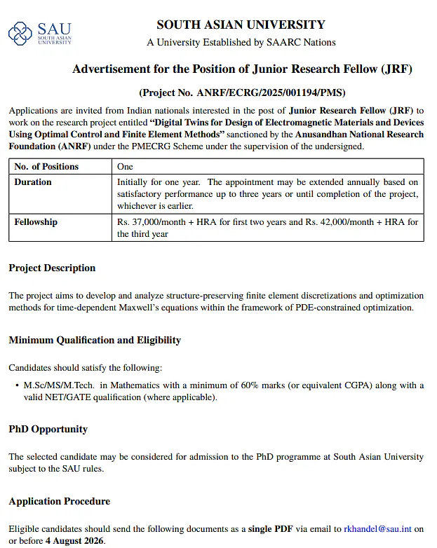 South Asian University Recruitment 2026: Junior Research Fellow Position