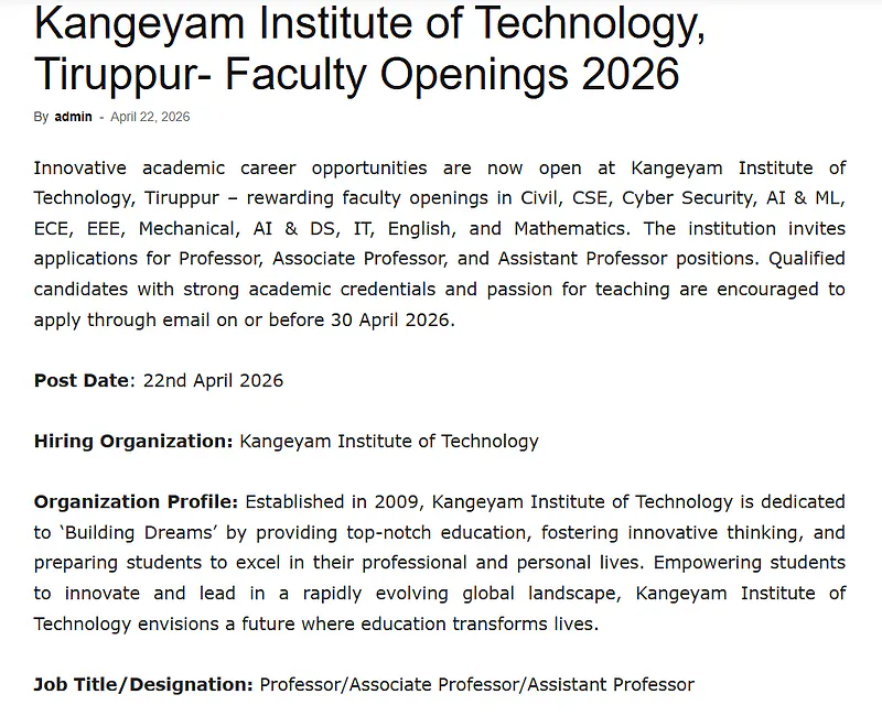 Faculty Recruitment 2026 – Kangeyam Institute of Technology, Tiruppur