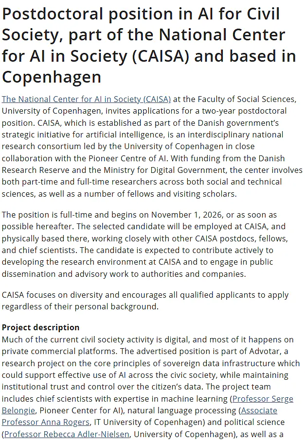 University of Copenhagen Recruitment 2026: Postdoctoral Position in AI for Civil Society (CAISA) | Apply Now