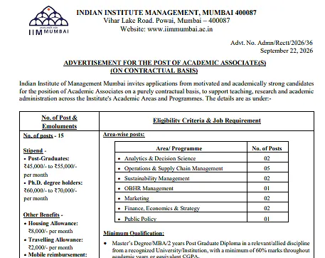Academic Associate Recruitment 2026 at IIM Mumbai – 15 Contractual Positions Across Multiple Management Areas
