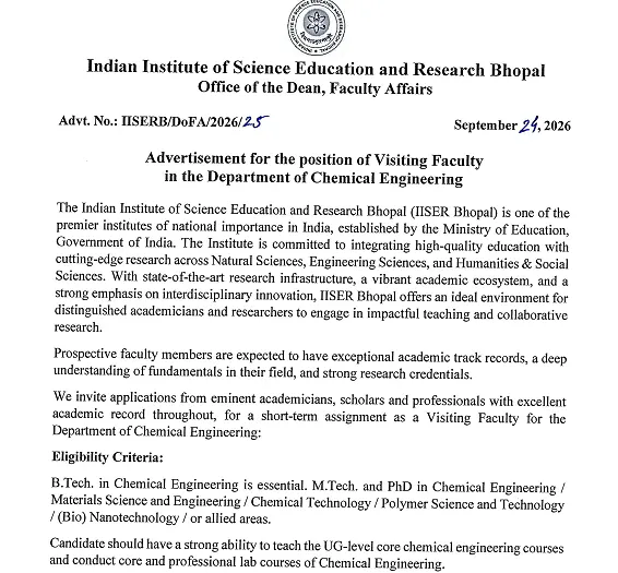 Visiting Faculty Recruitment 2026 – IISER Bhopal