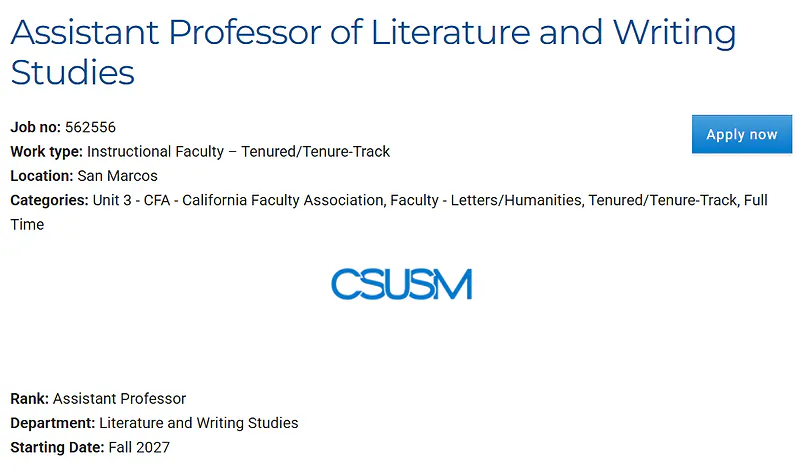 Assistant Professor of Literature and Writing Studies – California State University San Marcos