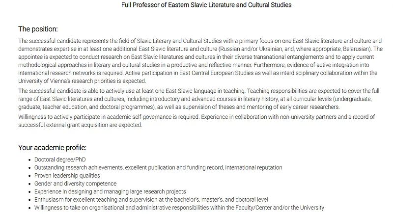 University of Vienna Full Professor Recruitment in Eastern Slavic Literature and Cultural Studies