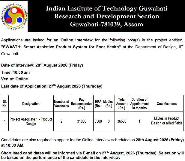 Project Associate-I Recruitment 2026 at IIT Guwahati – SWASTH Project