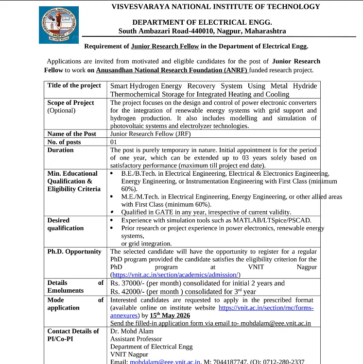 Junior Research Fellow (JRF) - Visvesvaraya National Institute of Technology Nagpur