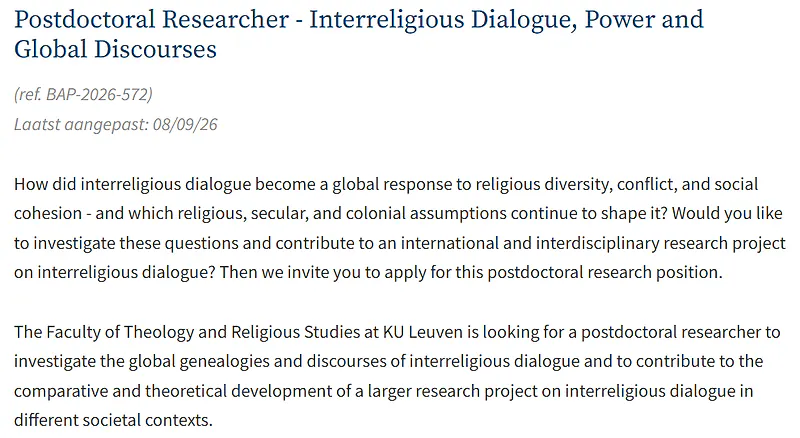 Postdoctoral Researcher – Interreligious Dialogue, Power and Global Discourses – KU Leuven