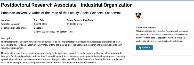 Postdoctoral Research Associate – Industrial Organization – Princeton University