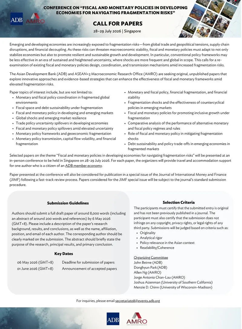 Call for Papers: Fiscal & Monetary Policies in Fragmented Economies | 28–29 July 2026 | Asian Development Bank