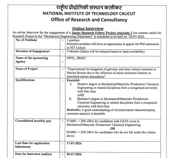 NIT Calicut Recruitment 2026: Junior Research Fellow / Project Associate-I