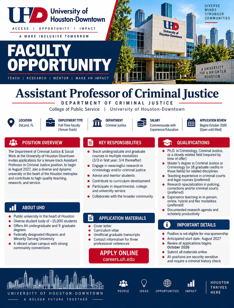 Assistant Professor of Criminal Justice – University of Houston-Downtown