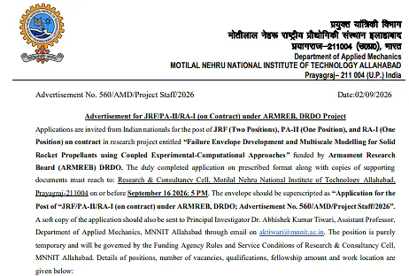 JRF / Project Associate-II / Research Associate-I Recruitment 2026 at MNNIT Allahabad – ARMREB, DRDO Sponsored Project