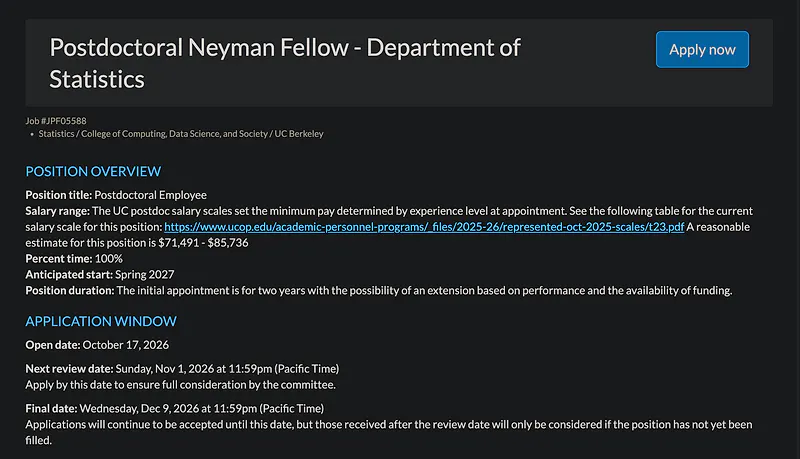 Postdoctoral Fellowship Opportunity: Postdoctoral Neyman Fellow – University of California, Berkeley