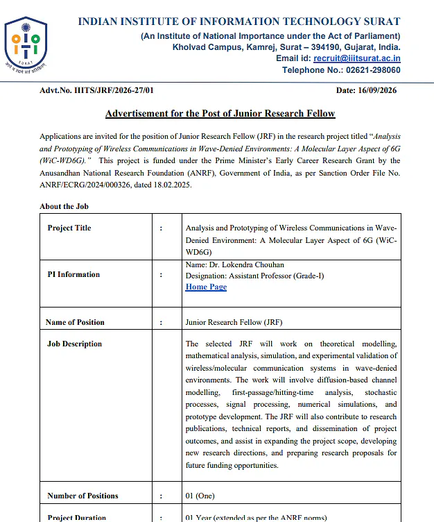 Junior Research Fellow (JRF) Recruitment 2026 at IIIT Surat – ANRF Funded 6G Wireless Communications Project