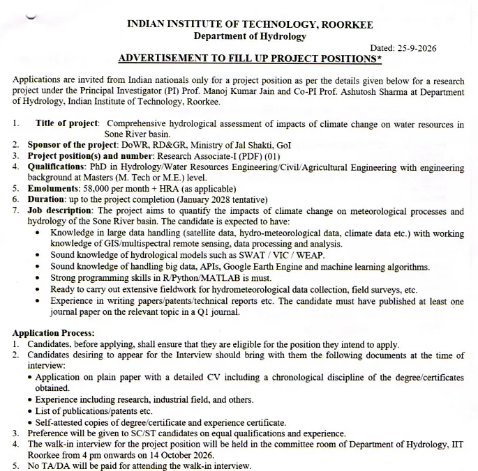 Research Associate-I (PDF) Recruitment 2026 – IIT Roorkee