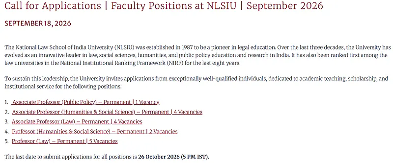 Faculty Recruitment 2026 at NLSIU – 16 Permanent Professor & Associate Professor Positions