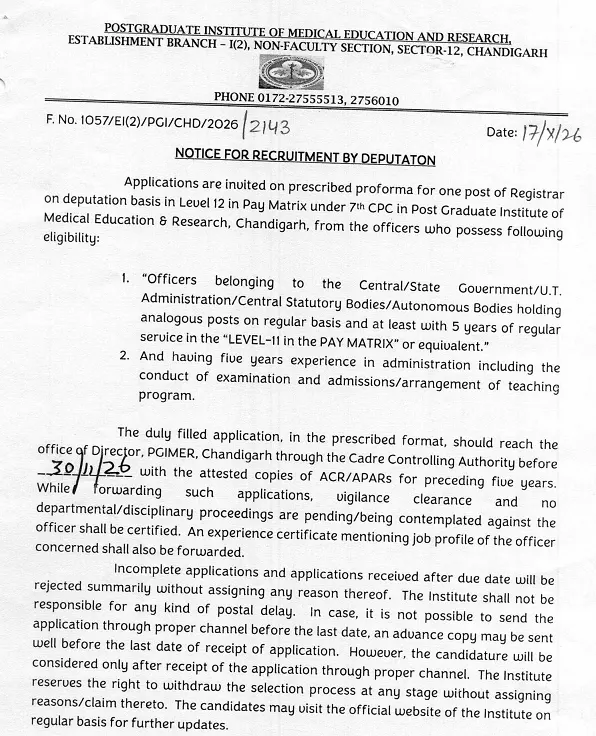 PGIMER Chandigarh Registrar Recruitment 2026 – Apply for Registrar Post on Deputation Basis