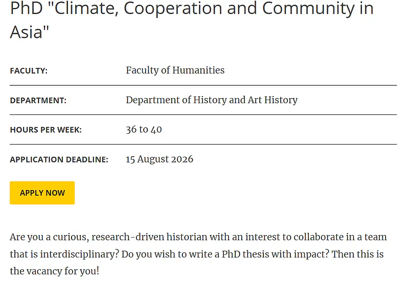 Fully Funded PhD Opportunity in Climate, Cooperation and Community in Asia