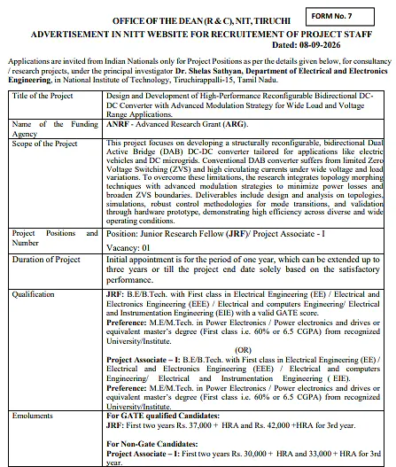 NIT Tiruchirappalli JRF / Project Associate-I Recruitment 2026 – ANRF Project