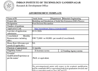 IIT Gandhinagar Postdoctoral Researcher Recruitment 2026 – Materials Engineering