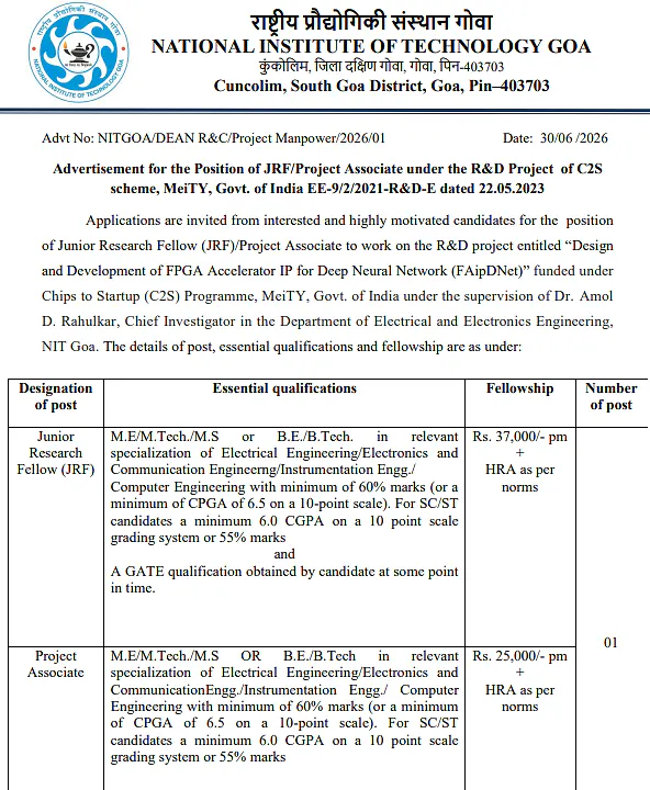 JRF / Project Associate Recruitment 2026 at NIT Goa