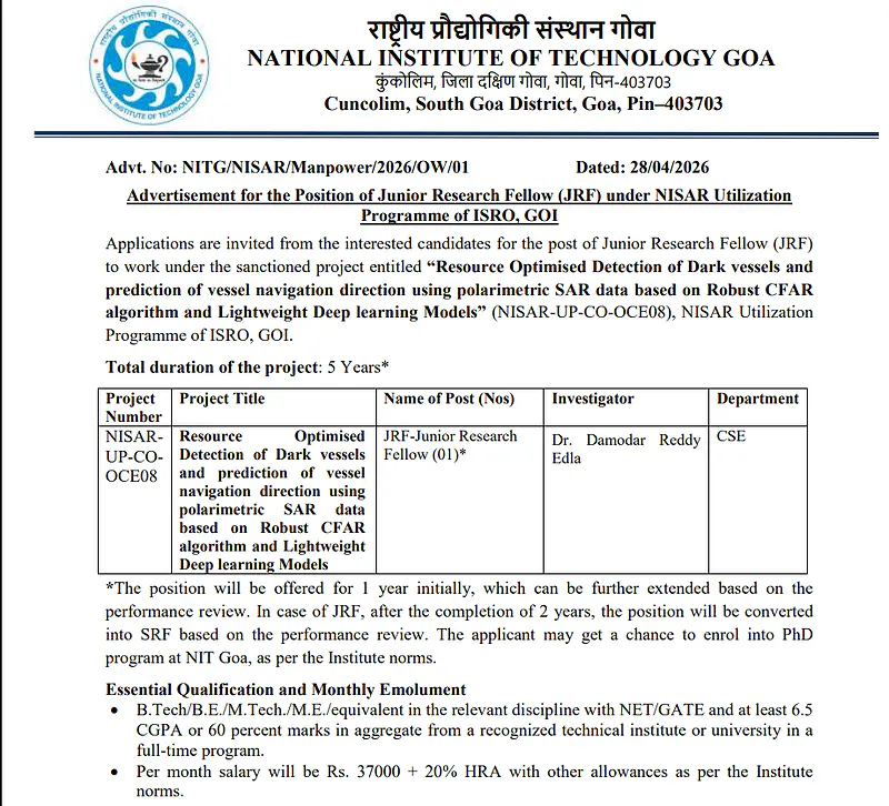 Junior Research Fellow (JRF) - National Institute of Technology Goa