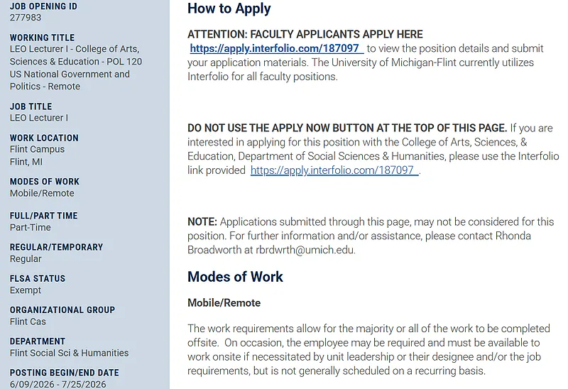 University of Michigan-Flint Recruitment 2026: LEO Lecturer I (POL 120 – U.S. National Government and Politics)