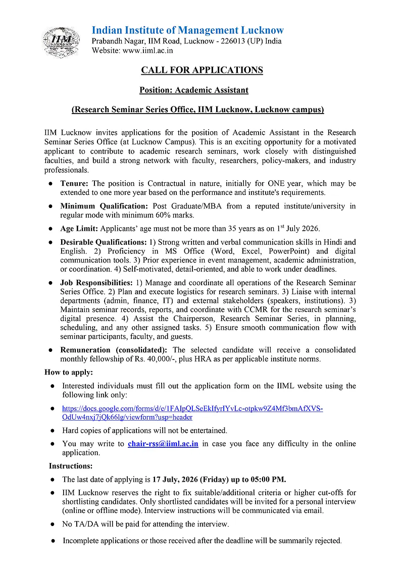 Academic Assistant (Research Seminar Series Office): IIM Lucknow