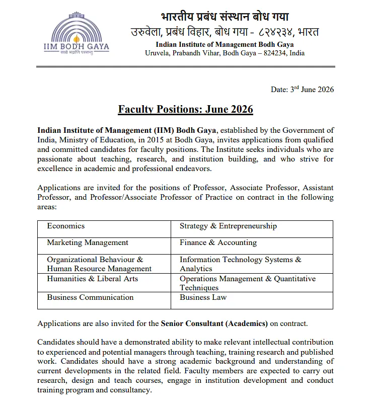 IIM Bodh Gaya Faculty Recruitment 2026 – Applications Invited for Professor, Associate Professor