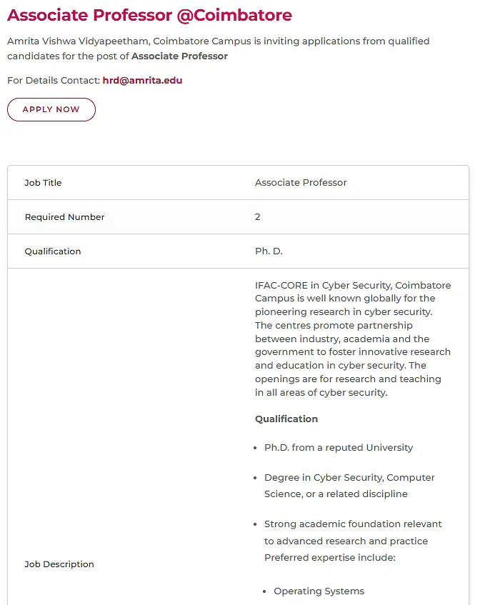 Amrita Vishwa Vidyapeetham Associate Professor Recruitment 2026