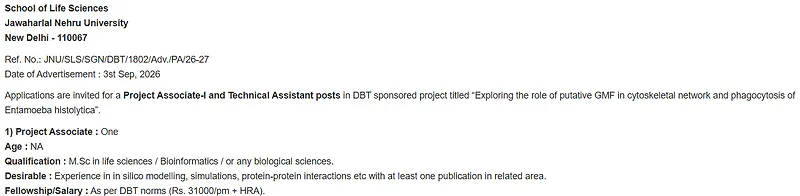 Project Associate-I Recruitment 2026 at JNU – DBT Sponsored Research Project