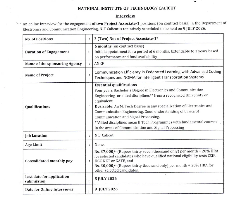 Project Associate-I Recruitment 2026 | National Institute of Technology Calicut (NIT Calicut)