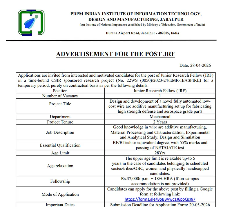 PDPM IIITDM Jabalpur Recruitment 2026  : Junior Research Fellow (JRF) 