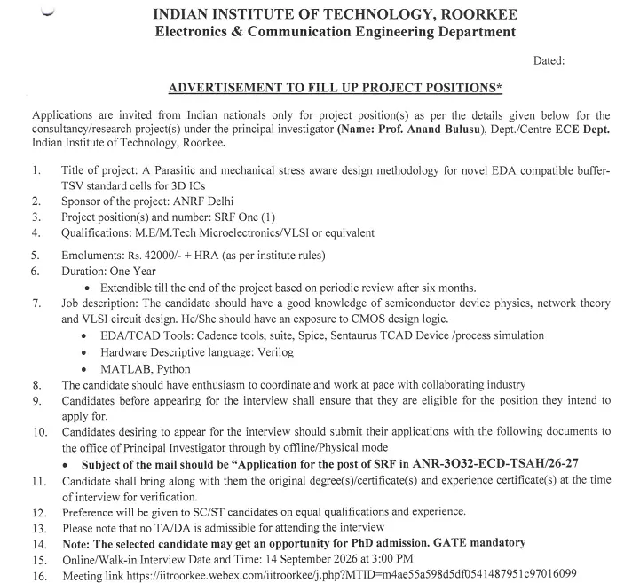 IIT Roorkee Senior Research Fellow (SRF) Recruitment 2026 – Online/Walk-in Interview